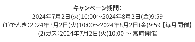 キャンペーン期間：2024年7月2日(火)10:00～2024年8月2日(金)9:59(1)でんき：2024年7月2日(火)10:00～2024年8月2日(金)9:59 【毎月開催】(2)ガス：2024年7月2日(火)10:00 ～ 常時開催