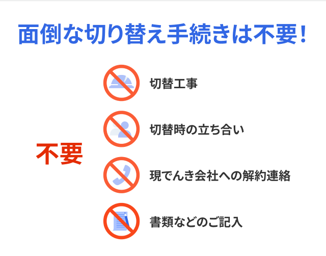 面倒な切り替え手続きは不要！不要 切替工事 切替時の立ち合い 現でんき会社への解約連絡 書類などのご記入