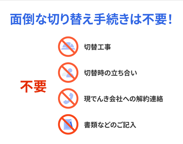 面倒な切り替え手続きは不要！ 不要 切替工事 切替時の立ち合い 現でんき会社への解約連絡 書類などのご記入